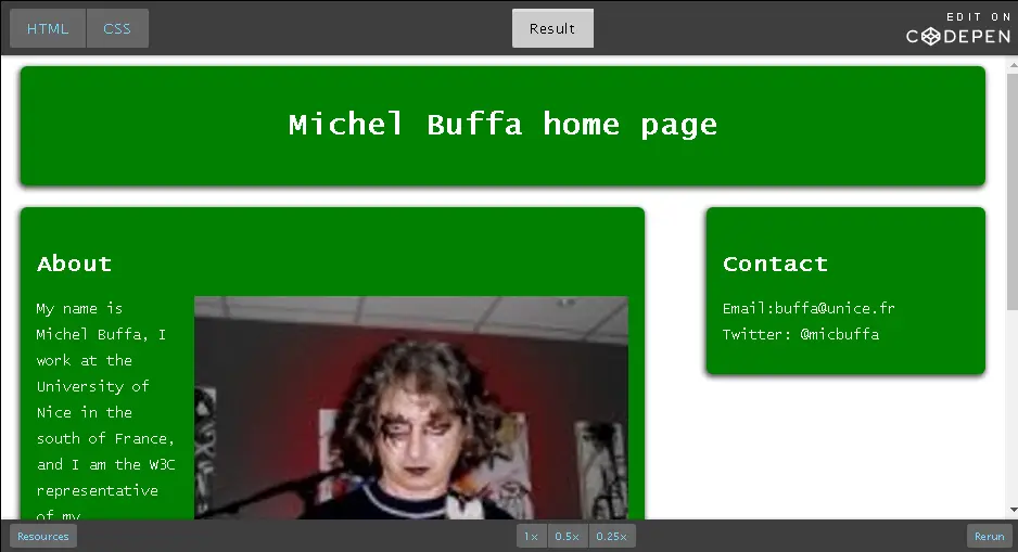 Michel Buffa home page: 3 sections centered.