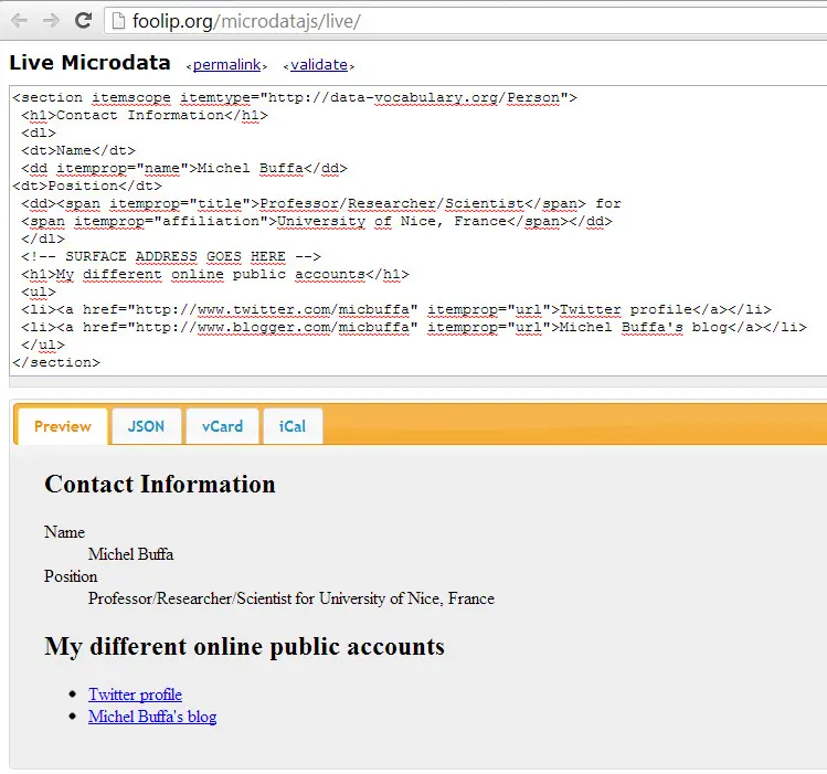 Example of live microdata from the previous example. Microdata are 
    displayed as json objects.