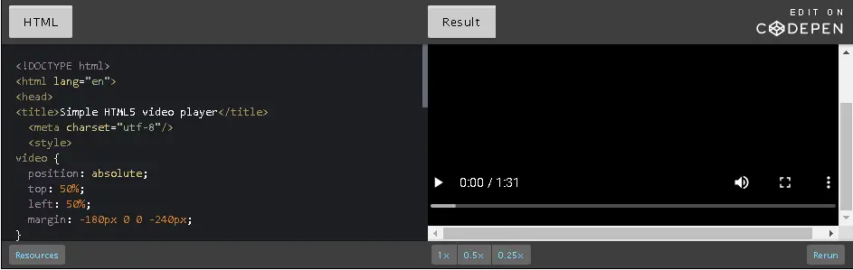 Codepen snapshot: simple HTML5 video player.