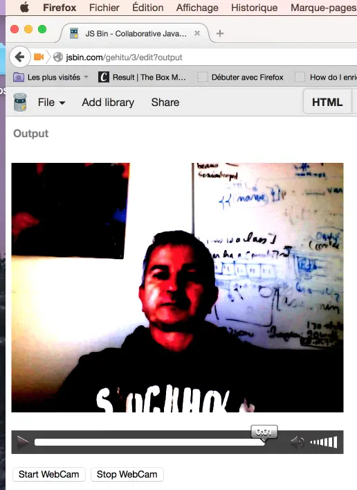Resulting image of Michel Buffa using his WebCam with css filter effects on live stream.