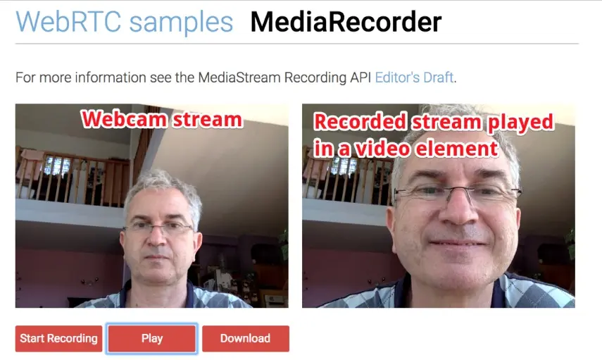 Screenshot showing on the left the webcam video stream, and on the right the same stream recorded and playable in a HTML video element.