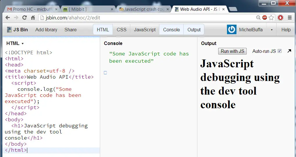 JavaScript debugging using the dev tool console.