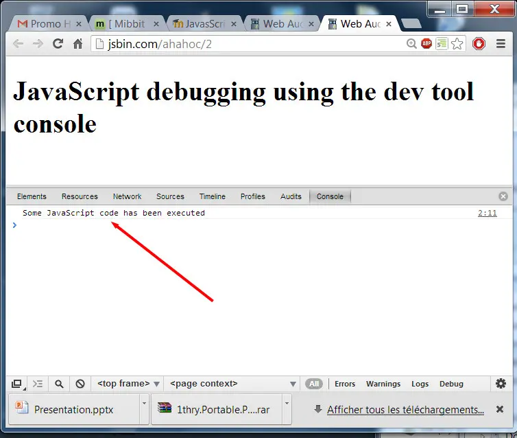 View of the JavaScript Debug Devtool console.