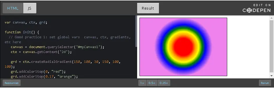 Example radial gradient which interpolates the color of the rainbow.