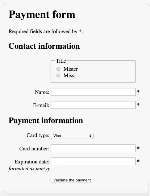 Payment form layout example.