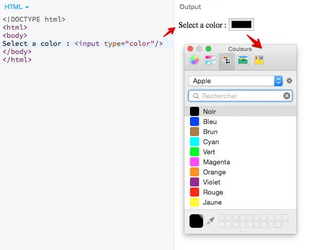 Select a color, input type=color.