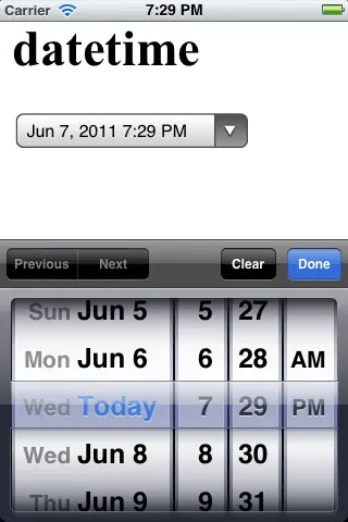 Select date/time. Wed 7:29pm, June 7, 2011. Input type=datetime on Safari IOS.