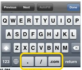 Mobile keyboard for entering URLs.
