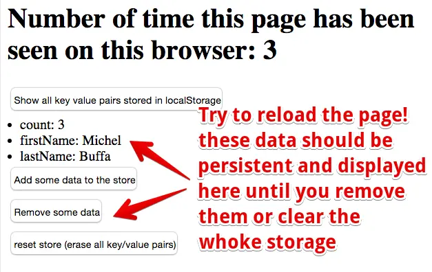 Example with buttons that show how to iterate on localStorage, clear it etc.