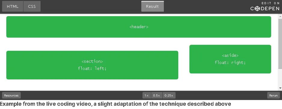 Header with section float left and aside float right.