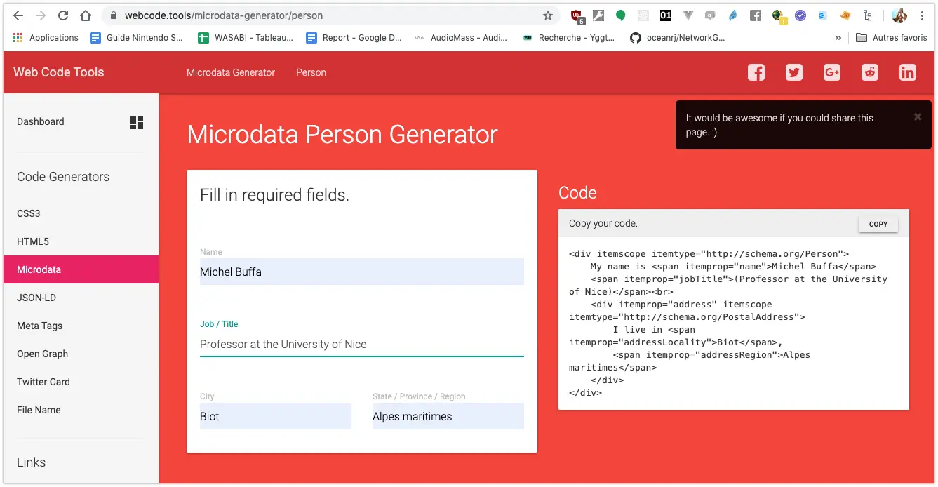 Example of generator. I entered my name, job, city in a form and a text area 
  next to it shows the corresponding HTML microdata.