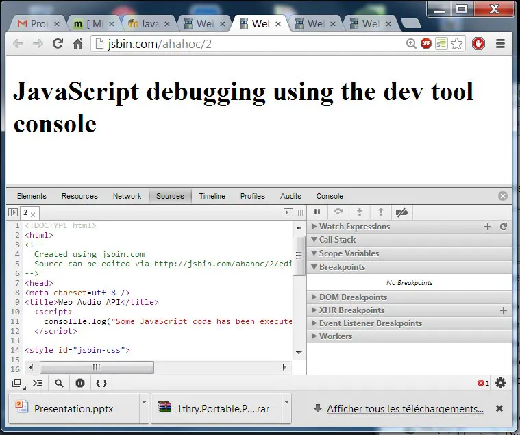 View of the JavaScript console. We can see an extract of the source code with 
  different tools for watching variable values over execution etc.