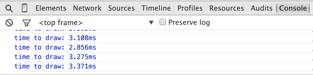 Image of the devtool console which shows time values, path vs immediate mode.