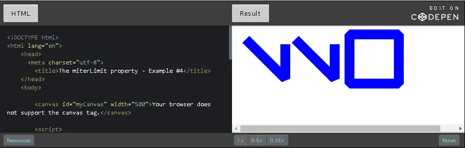 Example #4: miterLimit property shown with 3 different angles, we see 
    that the part that goes out of the angle becomes very long.