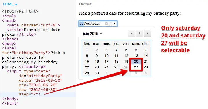 Use of the step attribute, allow only Saturdays.