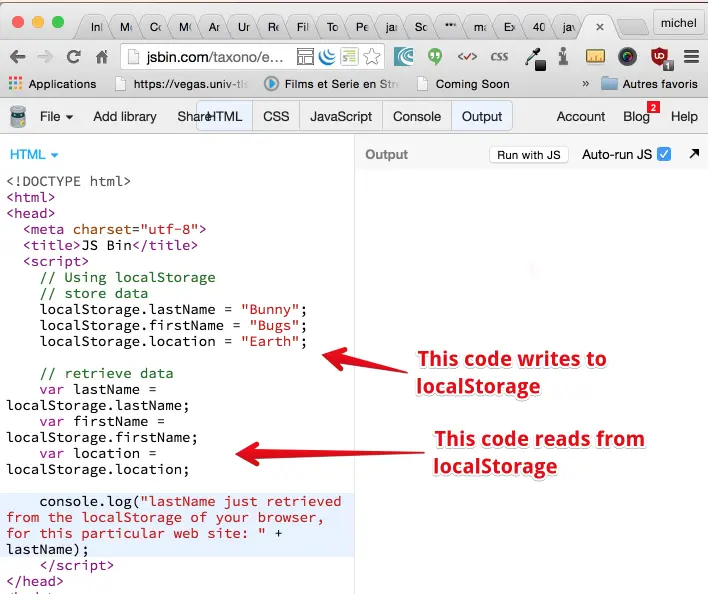 Example of read/write localStorage.